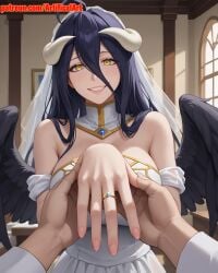 1girls ai_generated albedo_(overlord) artifical_art black_hair black_wings bride demon_girl demon_horns horns huge_breasts large_breasts light-skinned_female light_skin long_hair overlord_(maruyama) succubus wings yellow_eyes