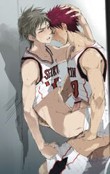 2boys against_wall anal basketball_uniform closed_eyes gay jock jock_slut kagami_taiga kiyoshi_teppei kuroko_no_basuke locker_room male male_only multiple_boys pants_down penis schoolboy sex sports_uniform sportswear sweat uniform yaoi