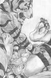 anal anthro anus ass balls biceps big_penis black_and_white claws closed_eyes cum cum_drip cum_in_ass cum_inside cumshot dbruin dripping erection feline from_behind greyscale hindpaw humanoid_penis male monochrome muscles nude open_mouth orgasm pawpads paws pecs penis sex sheath soles tiger vein yaoi