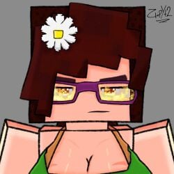 2d angry big_breasts brown_hair drawn flame flower_in_hair glasses gray_background iamcringe irene_cream_(iamcringe) looking_at_viewer meme minecraft red_eyes simple_background zlipyt2