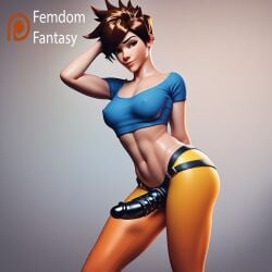 1girls ai_generated blizzard_entertainment bondage dildo dominant domination dominatrix face female femdom femdomfantasyai overwatch overwatch_2 smug solo strap-on strapon tracer