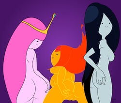 2013 3girls adventure_time anus ass bent_over black_bead_eyes breasts fangs fire_hair flame_princess forehead_jewel grey_skin inviting long_hair looking_at_viewer looking_back marceline mob_face multiple_girls nipples nude orange_hair pink_hair pink_skin princess_bubblegum purple_background quasi99 sideboob simple_background smile take_your_pick vampire yellow_skin