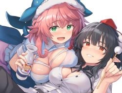 2girls big_breasts black_hair boob_window breasts cleavage clothed_female green_eyes light-skinned_female okunoda_miyoi pink_hair pointy_ears red_eyes shameimaru_aya shiratsuki_shiori tail tengu touhou whale_hat