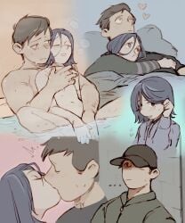 2024 ambiguous_gender angel_(clinical_trial) baseball_cap bath bed blue_eyes blue_hair blush brown_hair clinical_trial_(game) couple cuddling eyes_closed hamletmachine holding_breast hoodie hugging kissing lee_(clinical_trial) nude romantic size_difference sweating