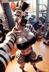 abs ai_generated animated anthro balls black_penis bra futanari gym horsecock mohawk muscular penis selfie stripes tagme veins video zebra