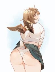 1girl ass ass_focus blue_eyes breasts brown_hair cleavage cropped_legs curvy female female_only harpy katharpy looking_at_viewer looking_back original skirt skirt_lift smile tail white_shirt white_underwear wings