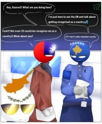 3boys 44waa29304 arm_band buttoned_shirt coat conversation countryhumans countryhumans_girl cyprus_(countryhumans) detailed_background female holding_paper kosovo_(countryhumans) open_mouth pen_in_pocket smoking_cigarette sunglasses taiwan_(countryhumans) wearing_clothes