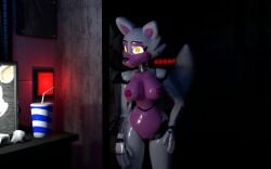 2021 3d animatronic anthro big_breasts breasts canid canine cinema_4d_(artwork) container cup digital_media_(artwork) disposable_cup drinking_straw female five_nights_at_freddy's fox fox23space funtime_foxy_(fnaf) genitals glistening glistening_body glowing glowing_eyes hand_on_hip hand_on_own_hip hi_res inside machine mammal nipples nude nude_anthro nude_female pussy robot robot_anthro scottgames sister_location solo tail wide_hips yellow_eyes