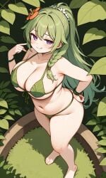 ai_generated big_breasts bikini dryad_(terraria) green_hair naked plant purple_eyes smile terraria