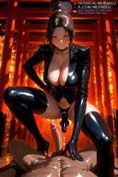 1boy ai_generated balls black_choker black_footwear bondage boots bound breasts brown_eyes brown_hair choker cleavage clothed_female_nude_male cowgirl_position cuffs dark-skinnedsub dark_skin dildo erection fatal_fury female femdom gloves hand_on_another's_stomach hand_on_own_hip high_heel_boots high_heels high_ponytail jacket king_of_fighters large_breasts latex long_hair looking_at_viewer lying mai_shiranui male meitabuu multiple_torii nude object_insertion on_back panties parted_bangs penis ponytail pov pov_crotch pussy sex_toy smile snk solo_focus straight strap-on street_fighter street_fighter_6 testicles thigh_boots thighhighs thighs too_many torii uncensored vaginal_penetration veins veiny_penis