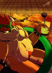 1boy anthro belly bowser camsan_r_s chain_chomp crotch_tuft grin hi_res holding_cup holding_object humanoid_penis indoors koopa koopa_clown_car lava looking_at_viewer male male_only mario_(series) musclegut muscular nintendo nipples penis pubic_hair reptile scalie seductive sitting slightly_chubby smile solo turtle uncut video_games volcanic_setting