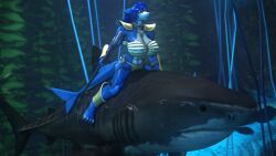 16:9 1girls 3d alternate_species anthro armor bottomwear bra clothing digital_media_(artwork) duo female feral fish hi_res krystal loincloth marine nintendo riding sanguine_paladin shark shoulder_guards source_filmmaker_(artwork) staff star_fox underwater underwear vambrace water widescreen