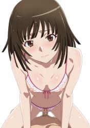 1boy akinoya bakemonogatari bra breasts brown_eyes brown_hair censored closed_mouth cowgirl_position cowgirl_position crotchless crotchless_panties cupless_bra female highres looking_at_viewer medium_breasts medium_hair monogatari_(series) mosaic_censoring nipples panties pink_bra pink_panties sengoku_nadeko sex simple_background straddling straight underwear white_background