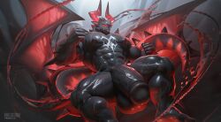 2024 3_horns abs anthro arctic_(takahirosi) arm_spikes artist_logo balls big_balls big_penis black_body calf_muscles chains chest_markings dragon facial_horn genitals goo_creature hi_res horn logo male markings membrane_(anatomy) membranous_wings multi_horn muscular muscular_anthro muscular_male muscular_thighs mythological_creature mythological_scalie mythology navel nipples nose_horn nude open_mouth pecs penis red_eyes red_horn scalie shoulder_spikes slime solo spikes spikes_(anatomy) tail_spines takahirosi text url vein veiny_penis watermark wings