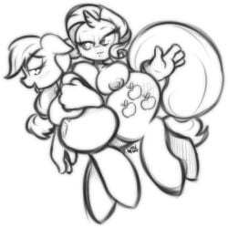 1:1 2014 anthro anthrofied applejack_(mlp) big_breasts breast_squish breasts butt_slap cutie_mark digital_drawing_(artwork) digital_media_(artwork) duo earth_pony equid equine female friendship_is_magic hasbro hi_res horn horse koffeekuma mammal monochrome my_little_pony mythological_creature mythological_equine mythology nipples on_lap over_knee pony rarity_(mlp) simple_background slap spanking squish tongue tongue_out unicorn white_background