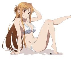 1girls alluring arm_support bare_legs bikini breasts brown_eyes brown_hair cleavage feet half_up_half_down_braid hand_on_own_head high_res long_hair looking_at_viewer medium_breasts navel outstretched_leg puge sitting smile swimsuit sword_art_online toes very_long_hair white_background white_bikini yuuki_asuna