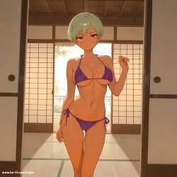 1female ai_generated alternate_skin_color beautiful_background bikini cheelai dragon_ball dragon_ball_super_super_hero indifferent jitome large_breasts magenta_eyes solo solo_female standing tatami unhappy_female white_hair