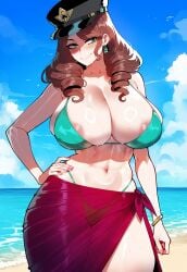 ai_generated artist_request blush breasts brown_hair dorothea_arnault female fire_emblem fire_emblem_fates green_eyes huge_breasts juuicyai massive_ass massive_breasts sweat thiccwithaq_(ai_style)