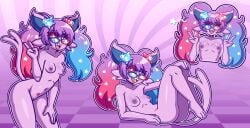 2025 3_toes 4_fingers accessory areola blue_eyes blue_eyewear blue_glasses blue_hair cami_espeon_(mintyspirit) e-girl eeveelution egirl espeon eyewear fan_character fangs feet female fingers flat_chested fur gem generation_2_pokemon generation_7_pokemon genitals gesture glasses hair hair_accessory hand_gesture hand_on_knee hand_on_leg happy heterochromia hi_res looking_at_viewer minior minior_(core_form) mintyspirit multicolored_eyewear multicolored_glasses multicolored_hair nintendo nipples nude open_mouth pokemon pokemon_(species) purple_areola purple_body purple_fur purple_hair purple_nipples pussy red_eyes red_eyewear red_gem red_glasses red_hair shark_teeth smile solo star star_eyes star_pupils stars_in_hair teeth toes tongue twintails_(hairstyle) v_sign