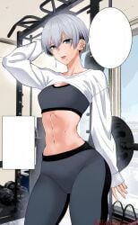 2.5_jigen_no_ririsa arm_up awayuki_erika bare_belly belly_button black_sports_bra blue_eyes breasts collarbone ear_piercing grey_hair hashimoto_yuu indoors leggings long_sleeves manga mole mole_under_mouth official_art parted_lips short_hair small_breasts sports_bra standing thighs toned_female white_shirt