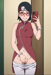 aged_up ai_generated ass bigmic145 black_hair boruto:_naruto_next_generations breasts dress female female_only glasses masturbation medium_breasts naruto naruto_(series) navel pants pants_pulled_down sakura_haruno sakura_haruno_(cosplay) sarada_uchiha selfie stripping tease teasing trying_on_clothes