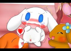 1girls 2boys blush blushing cappuccino_(cinnamoroll) cinnamon_(cinnamoroll) cinnamoroll cinnamoroll_(series) cum cumshot female flowers hair_flower male mocha_(cinnamoroll) naoya sanrio sex_toy tagme tear tears vibrator