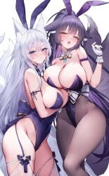 2girls absurdres animal_ears arm_strap arm_under_breasts azur_lane bare_shoulders blue_eyes blue_leotard breasts brown_pantyhose cleavage colored_inner_hair cowboy_shot detached_collar fake_animal_ears fishnet_pantyhose fishnets fox_ears fox_girl fox_tail garter_straps gloves hand_up highleg highleg_leotard highres large_breasts leotard long_hair looking_at_viewer multi_tail multicolored_hair multiple_girls musashi_(azur_lane) musashi_(the_purple_rabbit's_marksmanship)_(azur_lane) official_alternate_costume pantyhose parted_lips playboy_bunny purple_hair purple_leotard rabbit_ears shinano_(azur_lane) shinano_(visions_of_fantasy)_(azur_lane) simple_background skindentation sora_72-iro standing strapless strapless_leotard tail tails thighhighs thighs very_long_hair white_background white_gloves white_hair white_thighhighs yellow_eyes