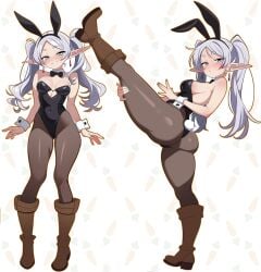 1girls absurd_res ass bunny_ears bunny_tail bunnysuit detached_collar elf elf_ears elf_female eyelashes female female_only frieren green_eyes heels kneeling long_hair looking_at_viewer magic_staff maidcousin narrowed_eyes neck_ribbon pantyhose smiling smiling_at_viewer smug solo sousou_no_frieren staff thick_thighs twintails white_hair wrist_cuffs