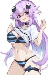 1girls adult_neptune big_breasts bikini breasts busty cleavage clothes_lift female female_only highres large_breasts lifting_own_clothes long_hair looking_at_viewer navel neptunia_(series) oerba_yun_fang open_mouth purple_eyes purple_hair shirt shirt_lift smile solo suuuuica swimsuit toned tongue very_long_hair voluptuous