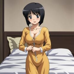 ai_generated bangs bed bed_sheet bedroom black_eyes black_hair blush bob_cut breasts clavicle cleavage clothing female female_only indoors large_breasts long_sleeves looking_at_viewer maid on_bed open_mouth pajamas pillow sankaku_ai short_hair siesta siesta_(zero_no_tsukaima) smile solo teen teen_girl teenage teenage_girl teenager zero_no_tsukaima