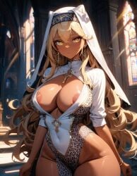 ai_generated big_breasts blonde_hair breasts calm church cleavage curvy curvy_body curvy_female curvy_figure curvy_hips dark_nipples elegant emotionless gyaru leopard_print long_hair looking_at_viewer mature_female navel no_bra no_panties nun original original_character princess princess_marybelle_(starlightnex) proud short_sleeves slim_waist starlightnex tan_body tan_skin teenager thick thick_hips thick_legs tight_clothing white_clothing wide_hips yellow_eyes younger_female