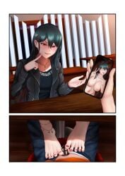 1girls 2boys 2d 2koma areolae barefoot blush breasts chastity_cage chastity_device cuckold cuckold_pov cuckolding dark-skinned_male dark_skin date feet female foot_fetish foot_focus footjob full_color fully_clothed green_hair huge_breasts indoors kanikamidesu light-skinned_female light-skinned_male light_skin love_live! love_live!_nijigasaki_high_school_idol_club male_pov mifune_kaoruko nipples painted_toenails phone pov red_eyes red_toenails restaurant smartphone teasing_cuck_with_phone