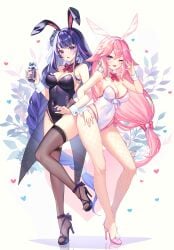 2girls bunny_ears bunny_ears_(cosmetic) duo female/female female_only genshin_impact lalazyt looking_at_viewer pink_hair pink_hair_female pink_heels purple_eyes purple_hair purple_hair_female purple_heels raiden_shogun tagme yae_miko young