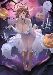 1ghost 1girls animal_ears blush breasts brown_hair cleavage clothed clothing dress female female_only fingerless_gloves ghost ghost_costume gloves halloween halloween_costume huge_breasts indie_virtual_youtuber jack-o'-lantern kawairi_(0kawairi) lanterns light-skinned_female light_skin medium_breasts night nose_blush open_mouth otter_ears otter_girl otter_tail outdoors solo tail tongue tongue_out virtual_youtuber yellow_eyes yukaa_(vtuber)