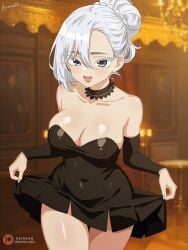 1girls :d absurdres bare_shoulders black_dress blurry breasts cleavage collarbone covered_navel cowboy_shot depth_of_field detached_sleeves dress hair_up high_ponytail highres hmangadd indoors komi-san_wa_komyushou_desu looking_at_viewer nape open_mouth patreon_logo patreon_username pleated_dress ponytail rami_kawai skirt_hold smile solo standing strapless strapless_dress teeth upper_teeth_only white_eyes white_hair