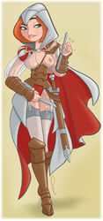 1girls ann_possible armor assassin's_creed_(series) biting_lip blade boots breasts cape cosplay disney disney_channel ezio_auditore_da_firenze_(cosplay) female female_only garter_straps gauntlets green_eyes hackman hidden_blade hood human kim_possible leather medium_breasts nipples orange_hair see-through socks solo source_request straight_hair sword thigh_socks thighhighs ubisoft weapon white_socks