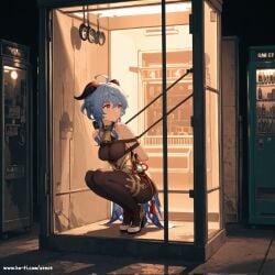 ai_generated blue_hair bondage ganyu_(genshin_impact) genshin_impact horns medium_breasts phone_booth purple_eyes restrained squatting