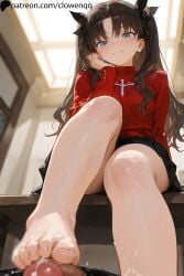 ai_generated blue_eyes blush closed_eyes clowenqq cum fate/stay_night fate_(series) feet feet_on_penis footjob from_below hair_ribbon indoors legs looking_down penis sitting skirt smile stable_diffusion toes tohsaka_rin uncensored