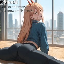 1girls ai_generated artist_name artist_signature ass blonde_hair chainsaw_man fangs from_behind hair_between_eyes hi_res high_resolution highres horns kurutai long_hair looking_at_viewer looking_back pants patreon power_(chainsaw_man) power_\(chainsaw_man\) red_horns sharp_teeth sitting solo teeth uncensored