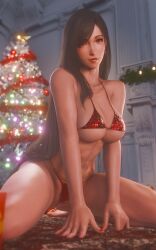 3d artist_name bikini bikini_bottom bikini_top black_hair breast_squeeze christmas christmas_outfit christmas_present christmas_tree final_fantasy final_fantasy_vii final_fantasy_vii_rebirth final_fantasy_vii_remake fit_female gift_box highres kneeling lipstick long_hair makeup painted_nails patreon_username posing red_eyes red_lipstick red_nails ria-neearts simple_background tifa_lockhart