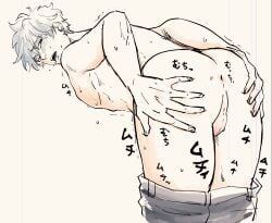 anus asking_for_it asking_for_sex ass backsack balls big_ass blush gintama gintoki_sakata hands_on_ass inviting inviting_to_sex looking_back male male_only oniku_(pixiv) open_mouth pants_down perineum presenting presenting_hindquarters solo sweat topless topless_male trembling white_hair