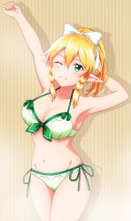 alluring arms_up bikini blonde_hair bow bow_bikini bow_hairband cleavage collarbone commentary_request cowboy_shot female green_bikini green_eyes grin groin hair_between_eyes hairband high_res ken-ji leafa looking_at_viewer medium_breasts navel one_eye_closed pointy_ears signature smile standing steam stomach striped_background sweat swimsuit sword_art_online twitter_username white_bow white_hairband yellow_background