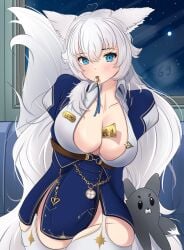 1girls animal_ears astraline bare_hips big_breasts blue_eyes blue_ribbon blush blush_lines blushing_at_viewer boob_window breasts_bigger_than_head cleavage cleavage_overflow diamond_pupils female female_only fobwatch fogged_window grawne grey_fur hands_behind_back large_breasts leaning_forward light-skinned_female light_skin long_hair looking_at_viewer lumi_(merryweather) moon mr_finland_(lumituber) name_tag night night_sky no_bra no_bra_under_clothes number object_between_breasts open_clothes open_jacket open_shirt plushie solothigh_highs suspenders thigh_squish thighhighs train train_conductor train_interior undone_shirt unfastened virtual_youtuber vtuber watch whistle whistle_in_mouth white_fur white_hair wolf_ears wolf_girl wolf_tail