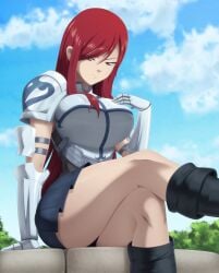 1girls big_breasts black_panties boots breasts erza_scarlet fairy_tail female female_only large_breasts outdoors panties ravenravenraven red_hair shoes solo thick_thighs wide_hips