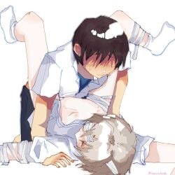 brown_hair closed_eyes cute_face grey_hair kaworu_nagisa sex_from_front shinji_ikari