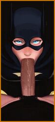 animated barbara_gordon batgirl batman_(series) dc deepthroat fellatio female ginger human incase looking_at_viewer male mask oral red_hair redhead straight