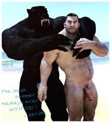 2018 3d ad-games anthro arm_around_shoulders arm_hair balls beach black_body black_fur black_hair blue_eyes blue_sky body_hair chest_hair christopher_(ad-games) claws clear_sky duo english_text eye_contact facial_hair fangs felid finger_claws five_o'clock_shadow fur gay genitals grey_eyes hair hairy_legs hairy_penis human kerak looking_at_another male male/male male_only mammal muscular muscular_anthro muscular_human muscular_male navel open_mouth outside pantherine penis penis_grab photo plant pubes sabertooth_(anatomy) sand sea shaved_head sky teeth text tree vein veiny_muscles water wave