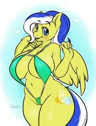 2018 5_fingers anthro big_breasts bikini blue_background blue_eyes blue_hair blush breasts camel_toe clothed clothing curvy_figure cutie_mark equid equine eyebrows eyelashes feathered_wings feathers female fingers friendship_is_magic geeflakes green_mankini hasbro heart_symbol hi_res lemon_frost_(oc) looking_at_viewer mammal mankini mature_anthro mature_female multicolored_hair my_little_pony mythological_creature mythological_equine mythology navel nipple_outline one-piece_swimsuit pegasus portrait pose simple_background sling_bikini smile solo standing swimwear thick_thighs three-quarter_portrait turquoise_mankini two_tone_hair voluptuous watermark white_hair wings yellow_body yellow_feathers