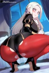 ai_generated ass ass_focus black_shorts blonde_hair closed_mouth dripping edelgard_von_hresvelg embarrassed fire_emblem fire_emblem:_three_houses forehead from_behind garreg_mach_monastery_uniform gloves heels large_breasts long_hair looking_back pantyhose primosan purple_eyes pussy_juice red_pantyhose shorts spread_legs squatting torn_pantyhose uniform