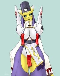 anthro bandai_namco belt big_breasts breasts canid canine digimon digimon_(species) female fox fur furball headdress hi_res mammal markings shoulder_pads solo talisman_bikini talisman_bra talisman_on_pussy taomon white_body white_fur yellow_body yellow_fur yin_yang